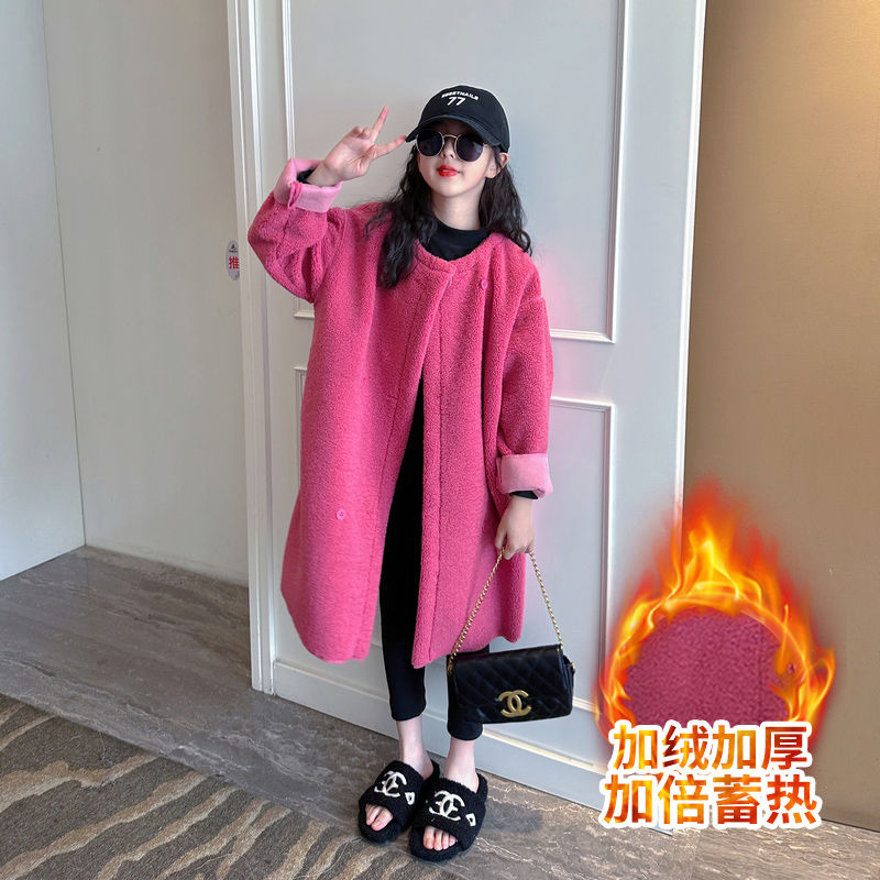 女童洋气外套2023新款大童秋冬款皮毛一体大衣女孩冬装加厚衣服潮