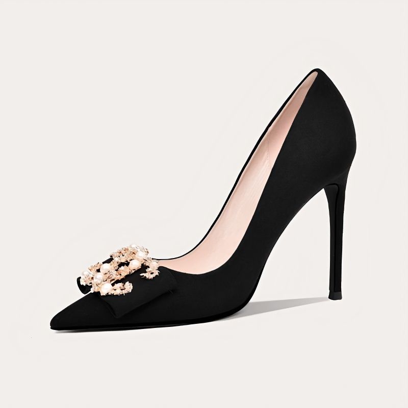 水钻黑色绒面性感高跟鞋细跟2023年秋季新款尖头气质设计感单鞋女