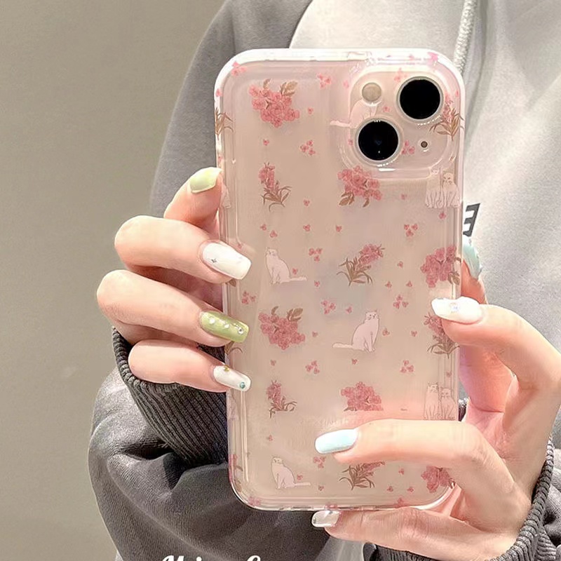 粉色碎花猫咪苹果15手机壳iPhone14可爱13网红12防摔小众创意少女