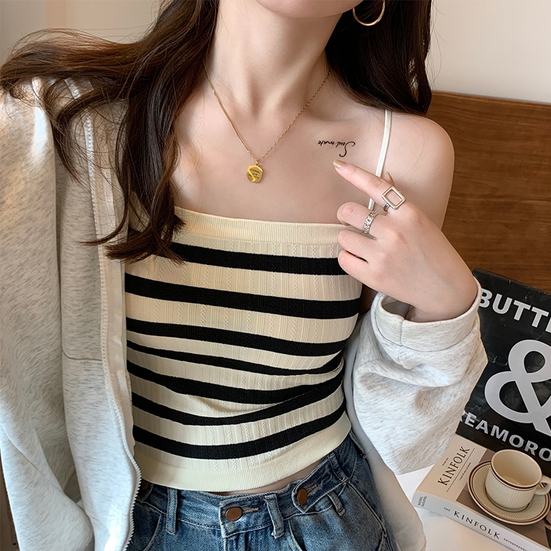 法式别致设计感条纹内搭打底抹胸一字肩纯欲风带胸垫美背百搭外穿