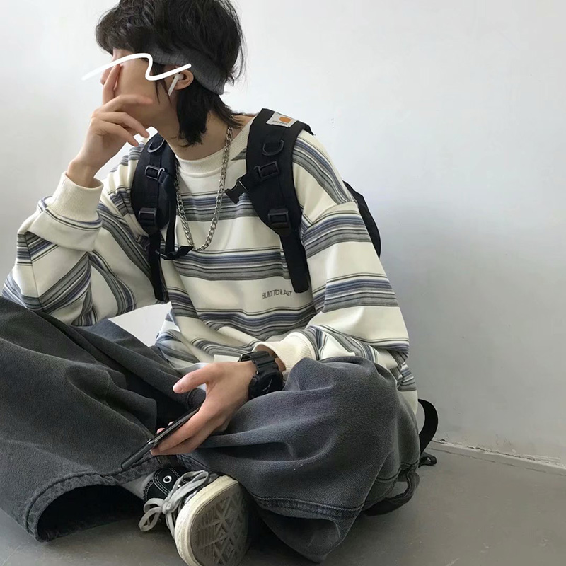 大白鲨日系痞帅ins条纹卫衣男女生秋季潮流复古港风慵懒风长袖t恤