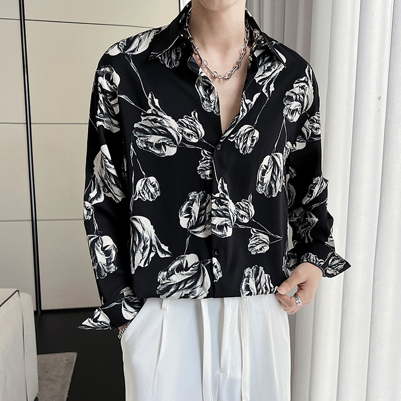 潮牌长袖花衬衫男秋款寸衫2023新款男装春秋高级设计感男士衬衣帅