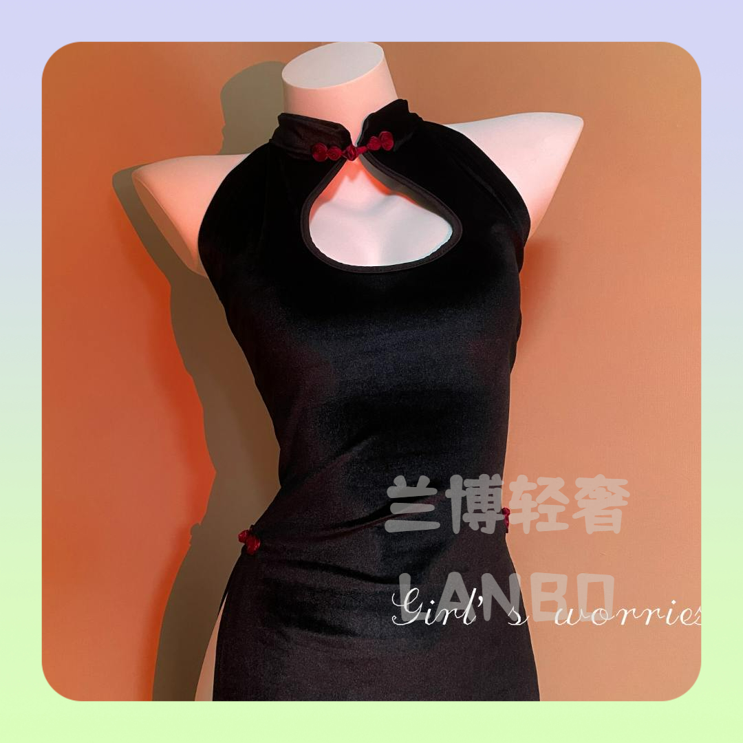 兰博轻奢御姐睡衣高开叉镂空绑带性感旗丝绒高级旗袍制服角色扮演