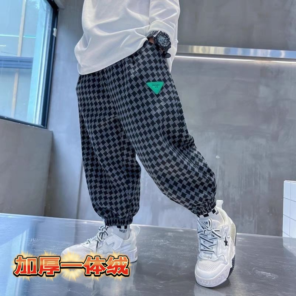 男童时尚格子休闲裤2022新款儿童秋冬加绒加厚长裤男孩宽松裤子潮