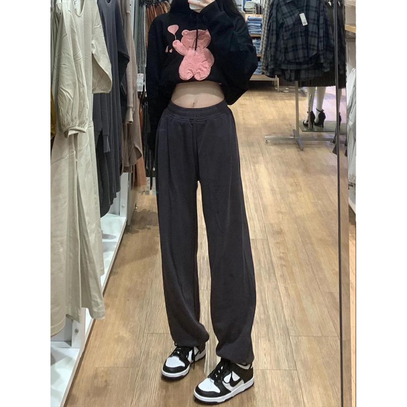 深灰色阔腿休闲裤子女秋冬加绒大码高腰显瘦宽松直筒束脚卫裤