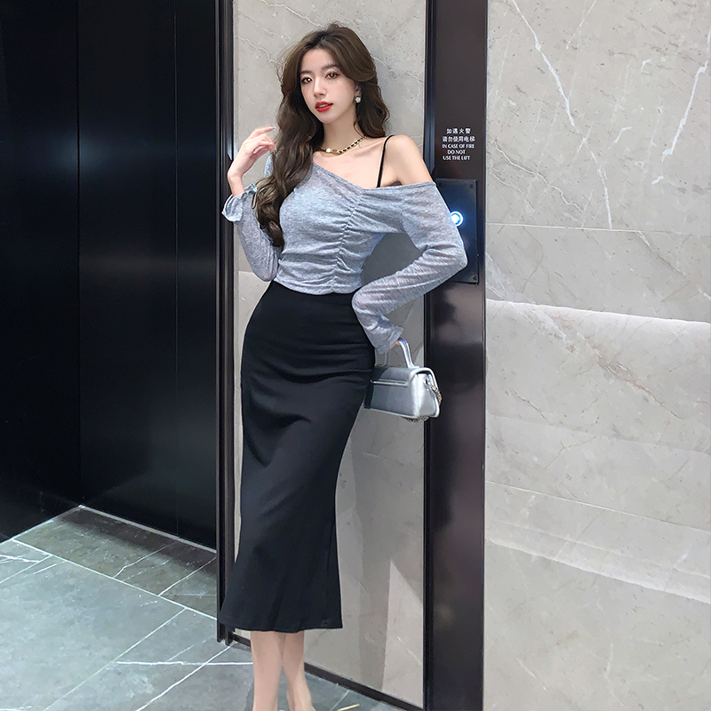 2024春夏新款纯欲风性感吊带连衣裙斜肩罩衫长袖上衣时尚两件套女