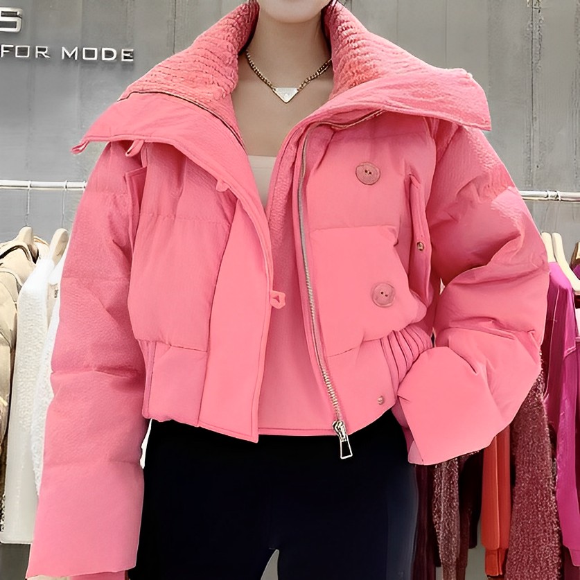 2023年冬季新款翻领短款休闲棉服女网红韩版小个子设计感棉衣棉袄