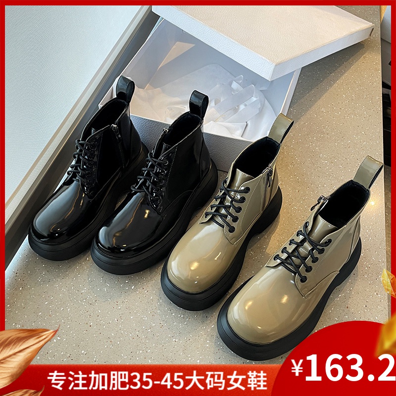 0138-3加肥宽大码女鞋绿色马丁靴秋冬季加绒短靴厚底英伦风41-43