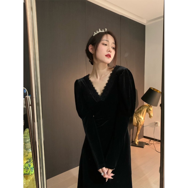 FORNI柏林小夜曲 女人味修身丝绒蕾丝裙