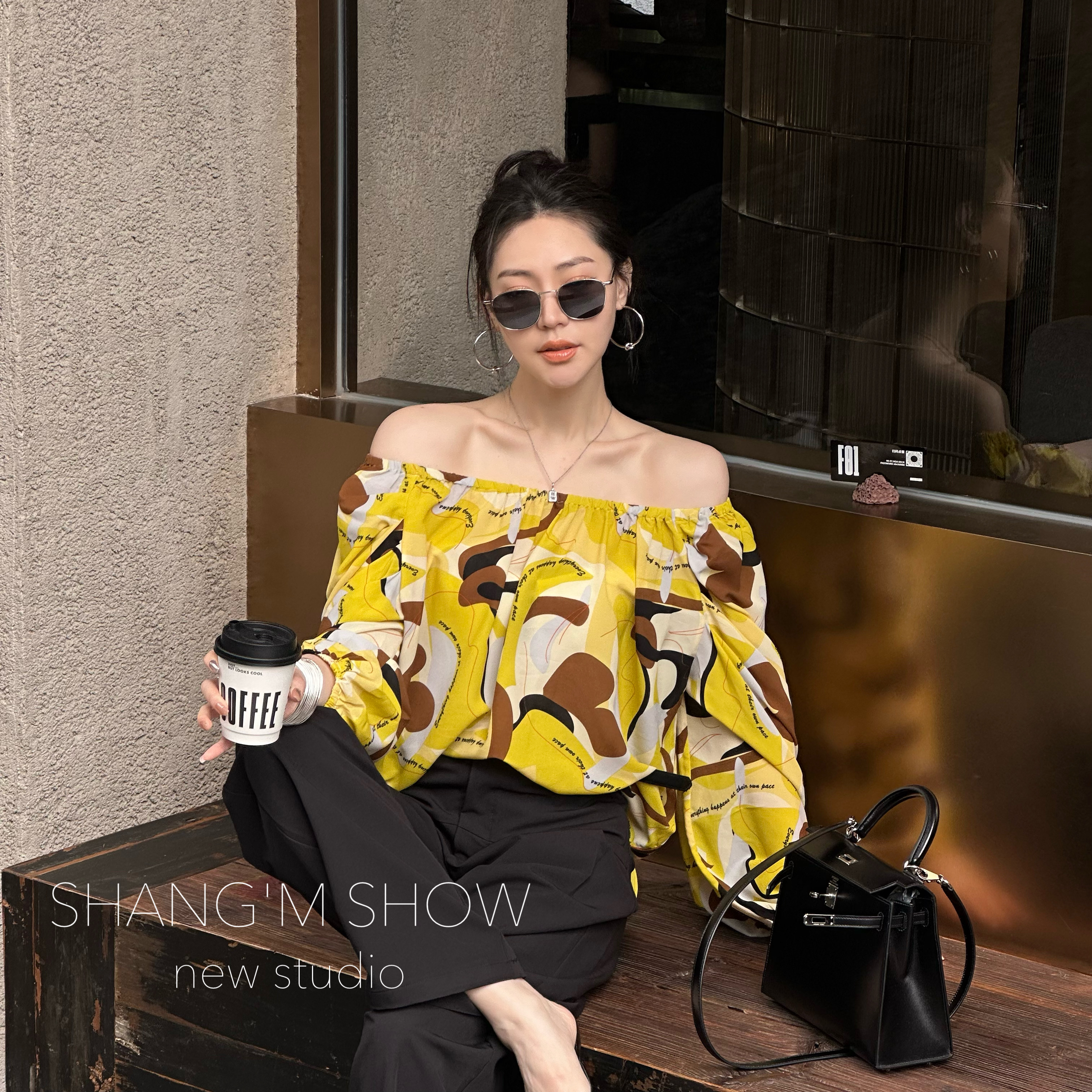 王嬛嬛"气场强吸睛高级感小众上衣"F23C379靓丽黄上衣气质法式