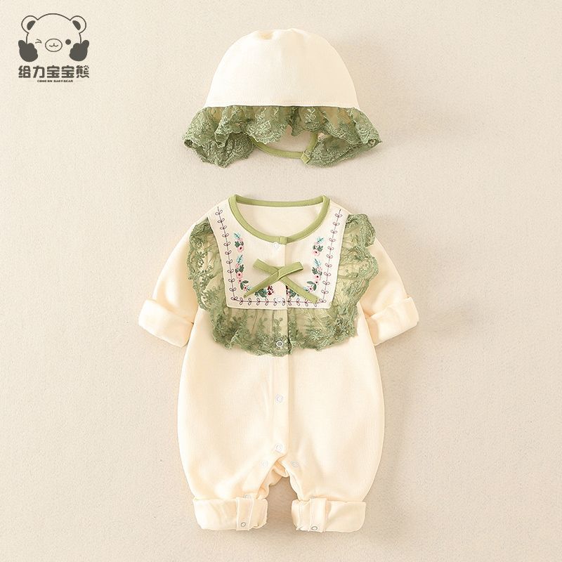 婴儿连体衣女宝宝夏季薄款洋气花边短袖爬服公主哈衣套装外出衣服