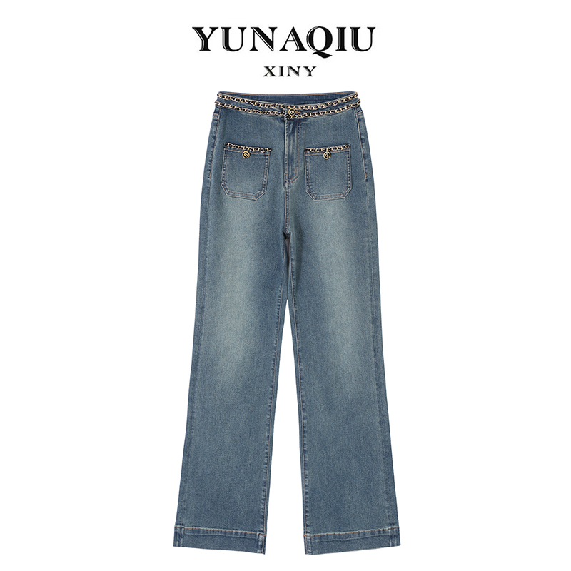 YUNAQIU蓝色时尚手工腰链高级感休闲百搭早春潮流直筒牛仔裤-3114