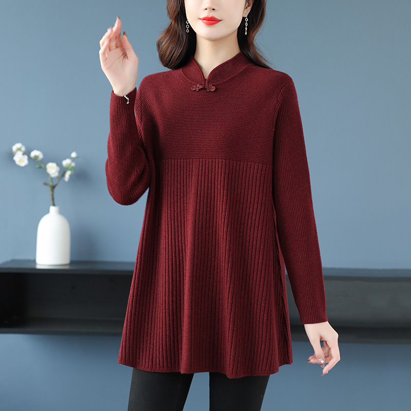 中老年妈妈毛衣洋气时尚中式盘扣上衣女秋冬内搭中长款打底衫大码