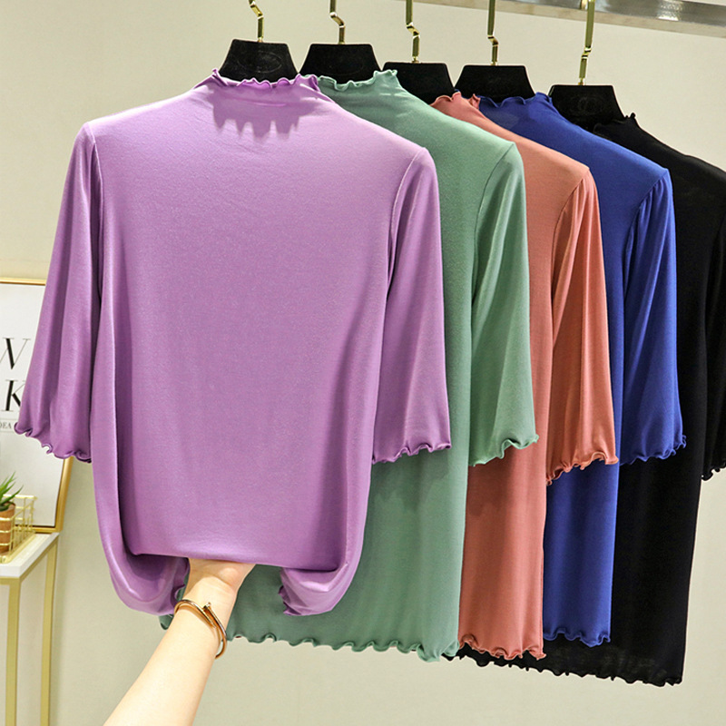 莫代尔半高领打底衫夏季气质洋气百搭上衣显瘦紫色木耳半袖T恤秋