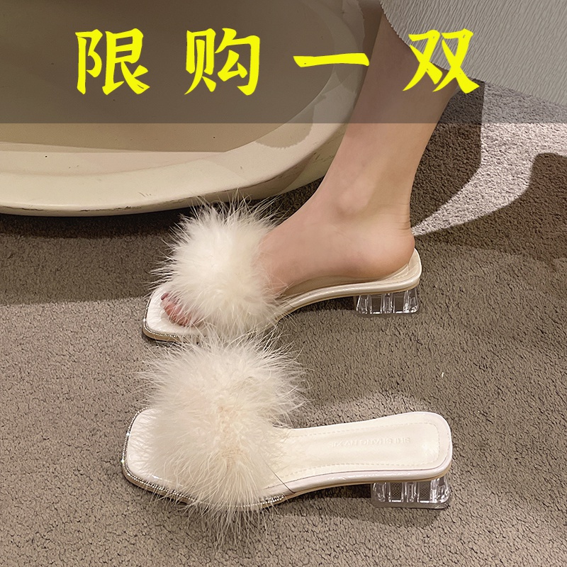 百丽纯爱毛毛凉拖鞋女夏外穿2023新款仙女风一字水晶粗跟配裙子