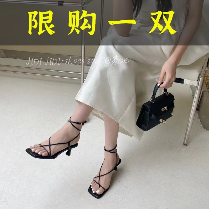 红蜻蜓牌高跟系带绑带鞋仙女夏季法式小众低跟黑色凉鞋5501(系