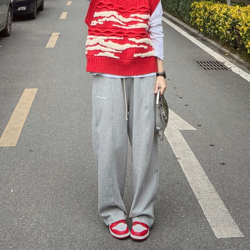 复古宽松百搭卫裤刺绣工装风阔腿直筒休闲裤女显瘦裤子慵懒阔腿裤