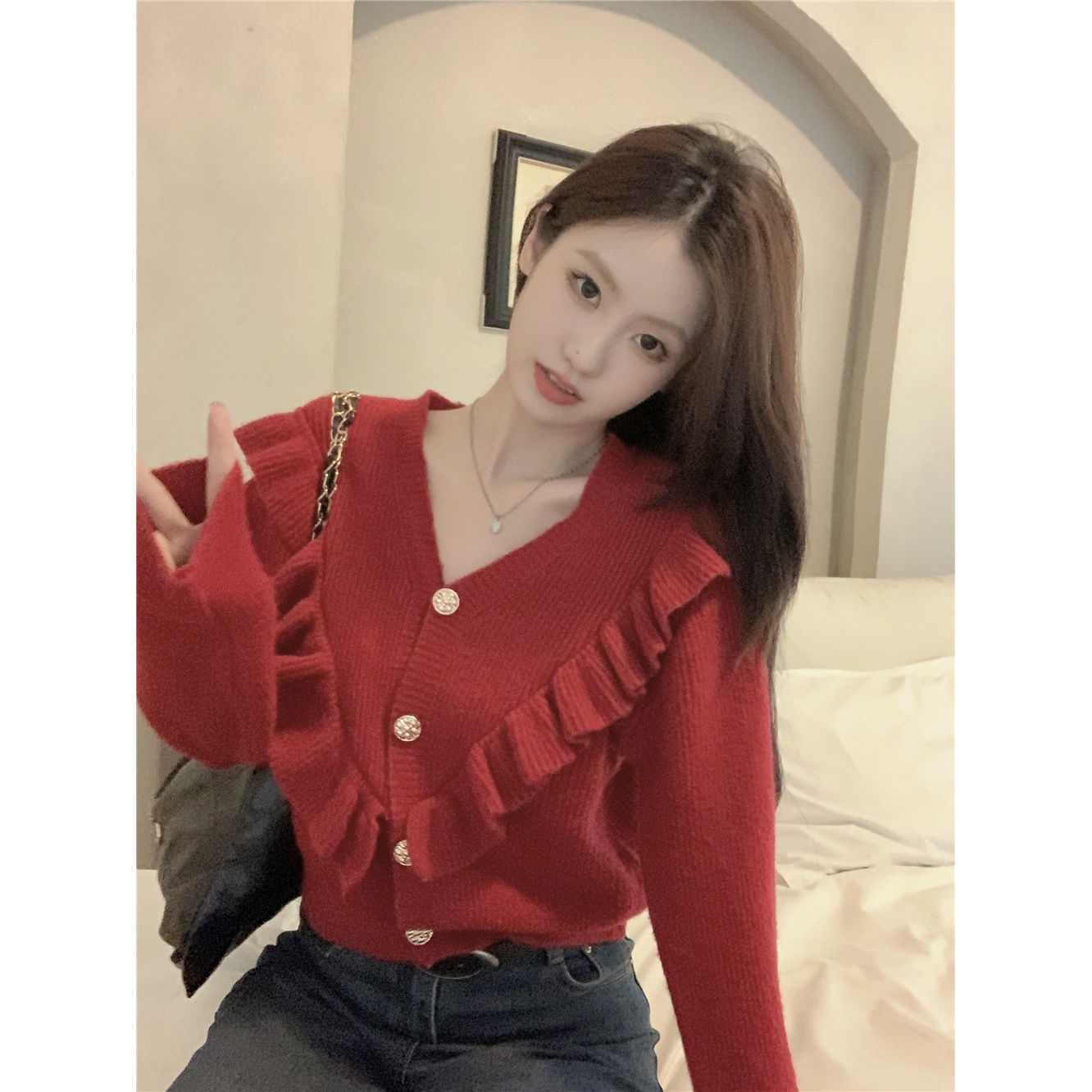 木耳边v领针织衫女2023年秋季新款慵懒风法式毛衣名媛气质上衣潮