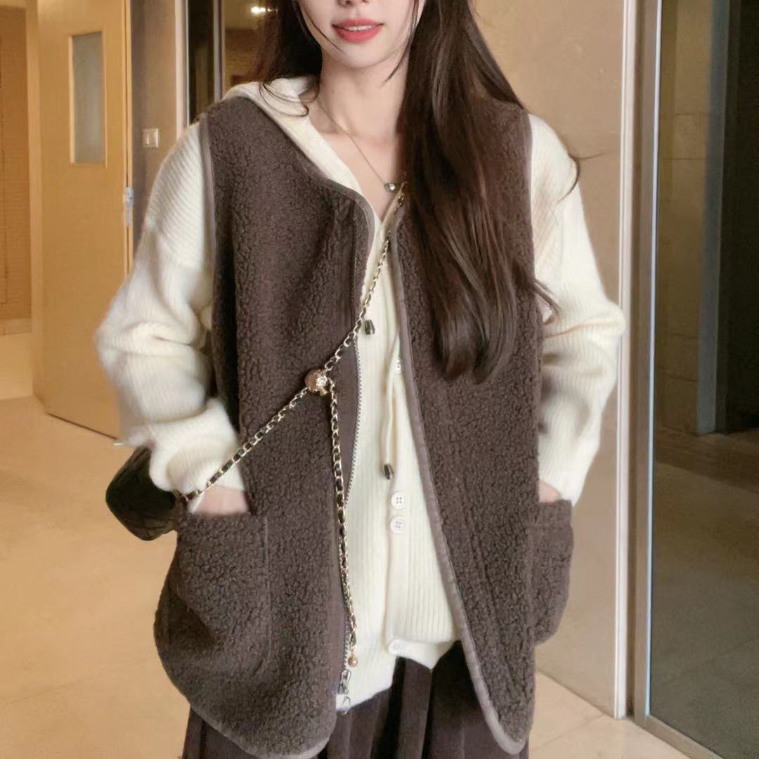 1688咖啡色秋冬季新款颗粒绒毛绒绒马夹外穿背心女马甲