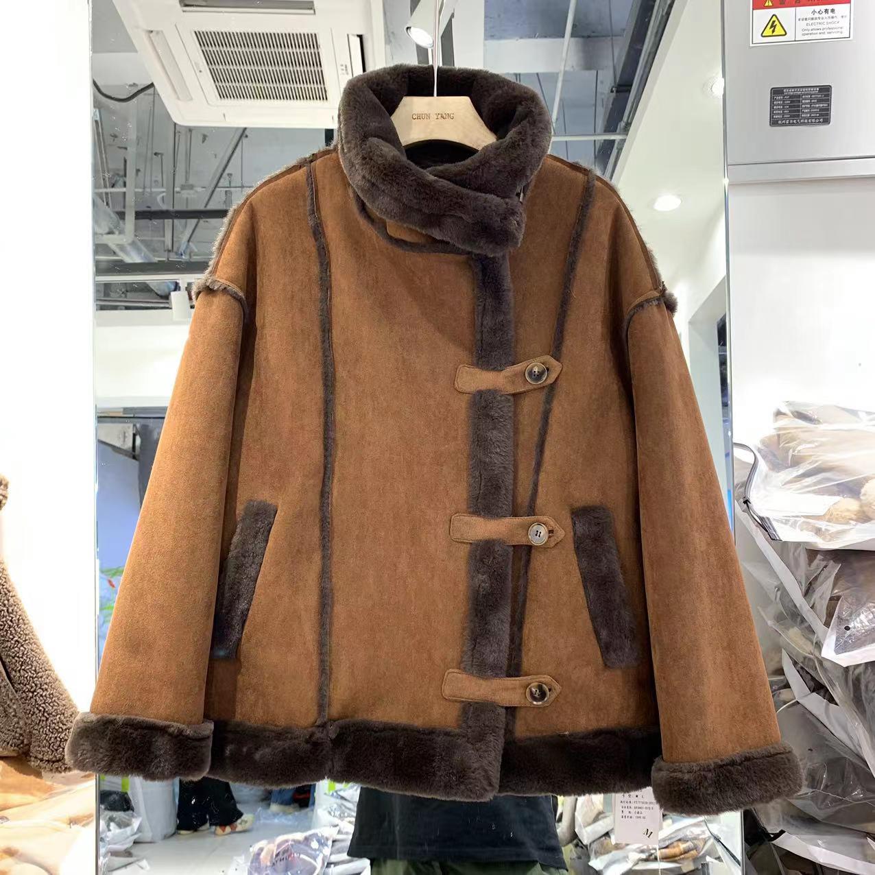 皮绒皮毛一体加厚机车服外套上衣女2024冬季新款韩版宽松