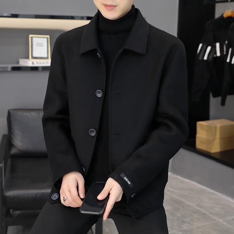 高档秋冬新款双面呢大衣男时尚纯色夹克休闲轻奢翻领纯羊毛外套m