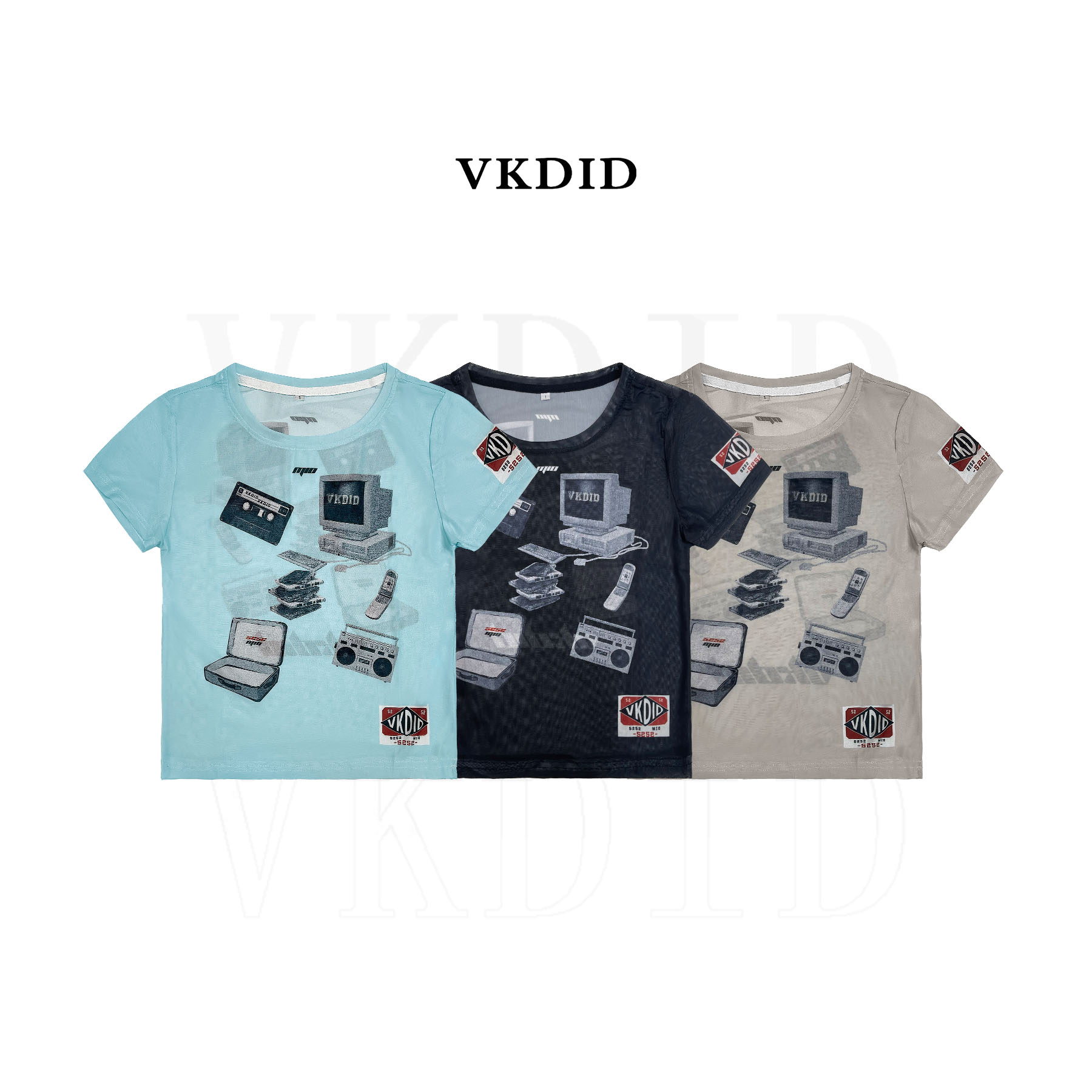 VKDID夏网纱电视机图案潮牌百搭显瘦短袖T恤休闲ins宽松潮流上衣