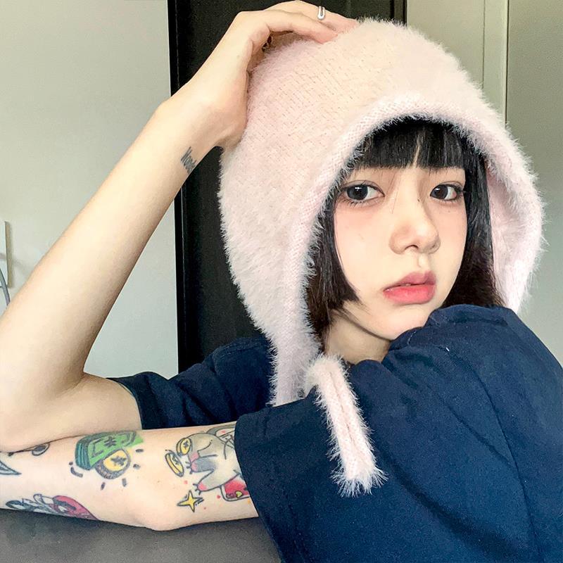 手感软糯糯可爱毛线帽堆堆帽女护耳一体帽系带保暖网红包头