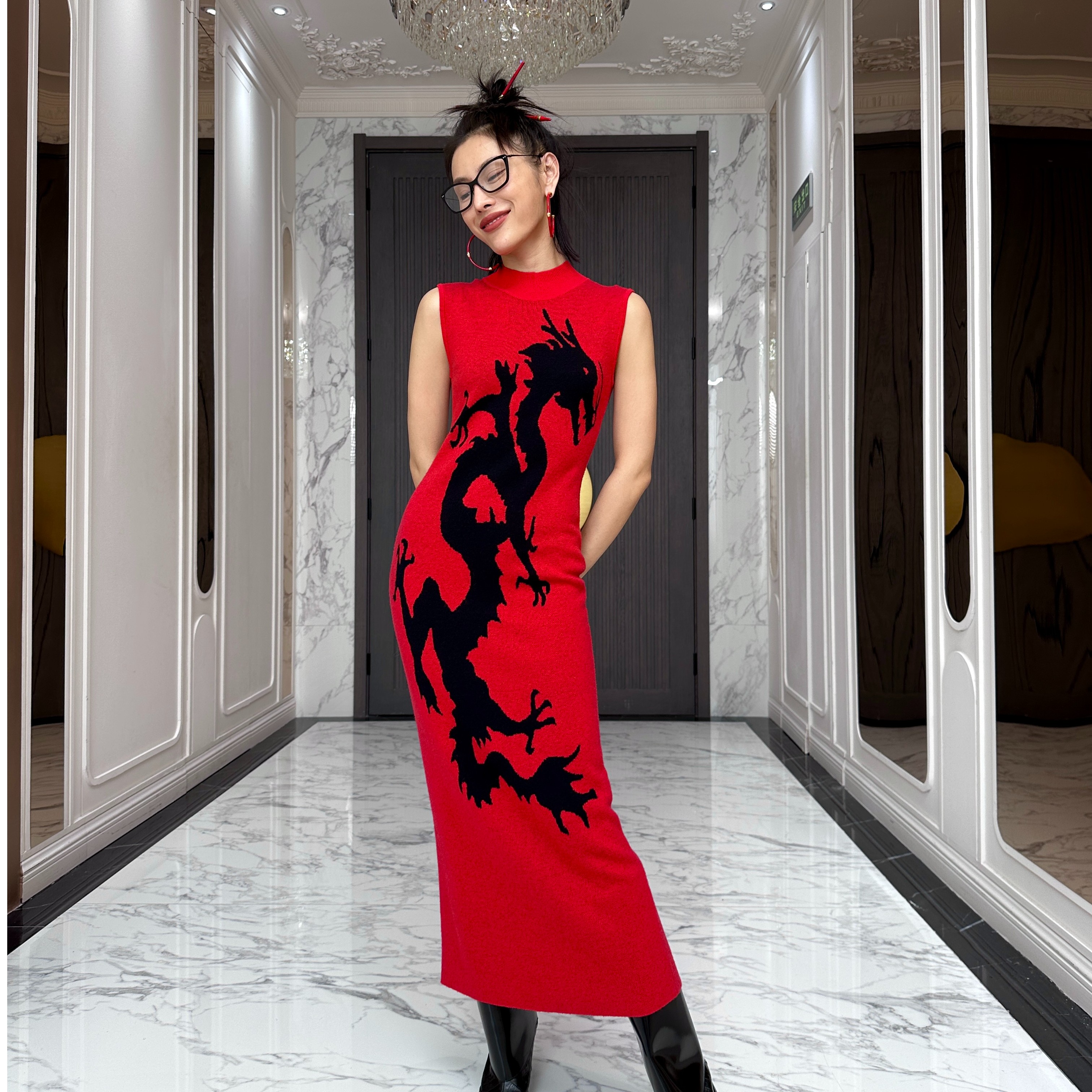 AO YES 龙纹针织旗袍连衣裙
