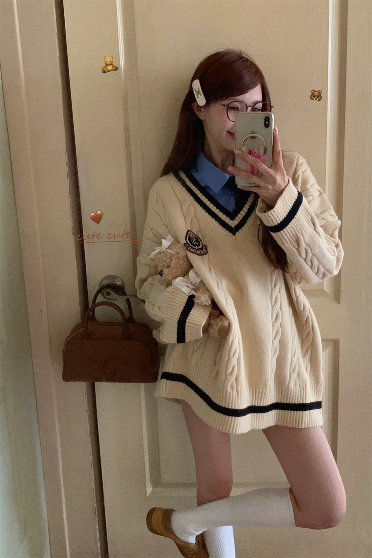 学院风毛衣秋冬韩版甜美V领日系宽松撞色百搭麻花长袖针织衫马甲