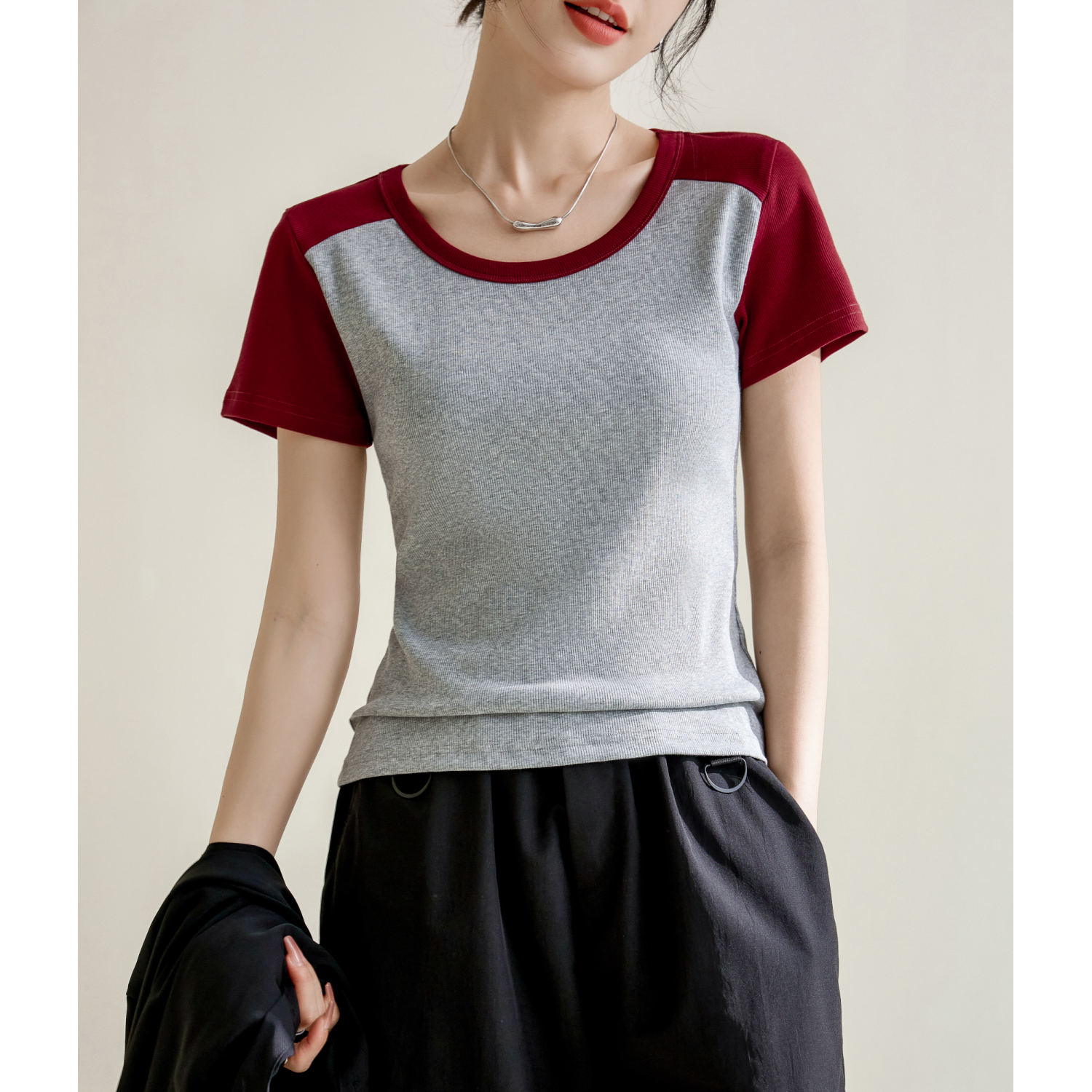 B 门店329~环保螺纹优可丝冰感凉皮撞色圆领短袖T恤 C16875
