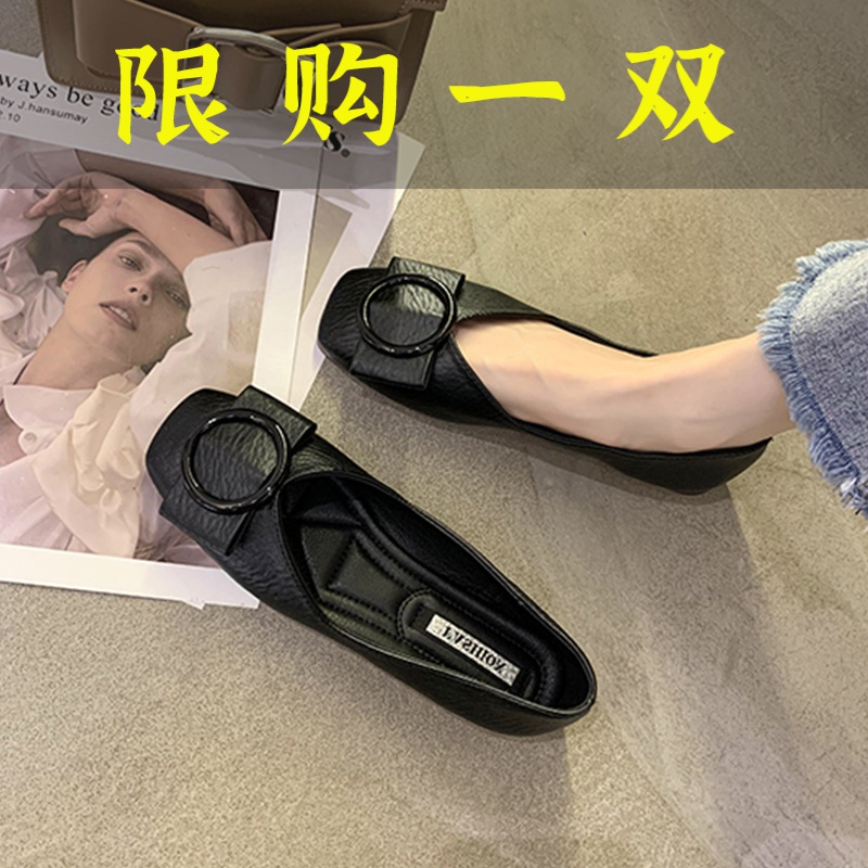 红蜻蜓牌豆豆鞋女2023春秋新款浅口方头单鞋软底百搭黑色工作鞋