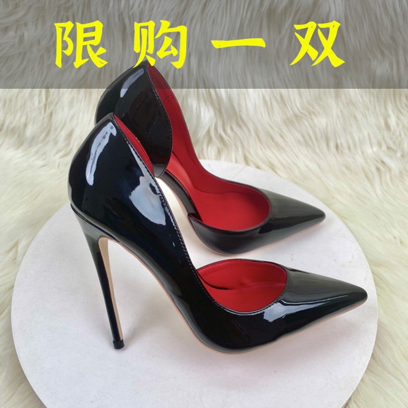 红蜻蜓牌侧空红底黑色高跟鞋女2023新款性感气质细跟尖头漆皮浅
