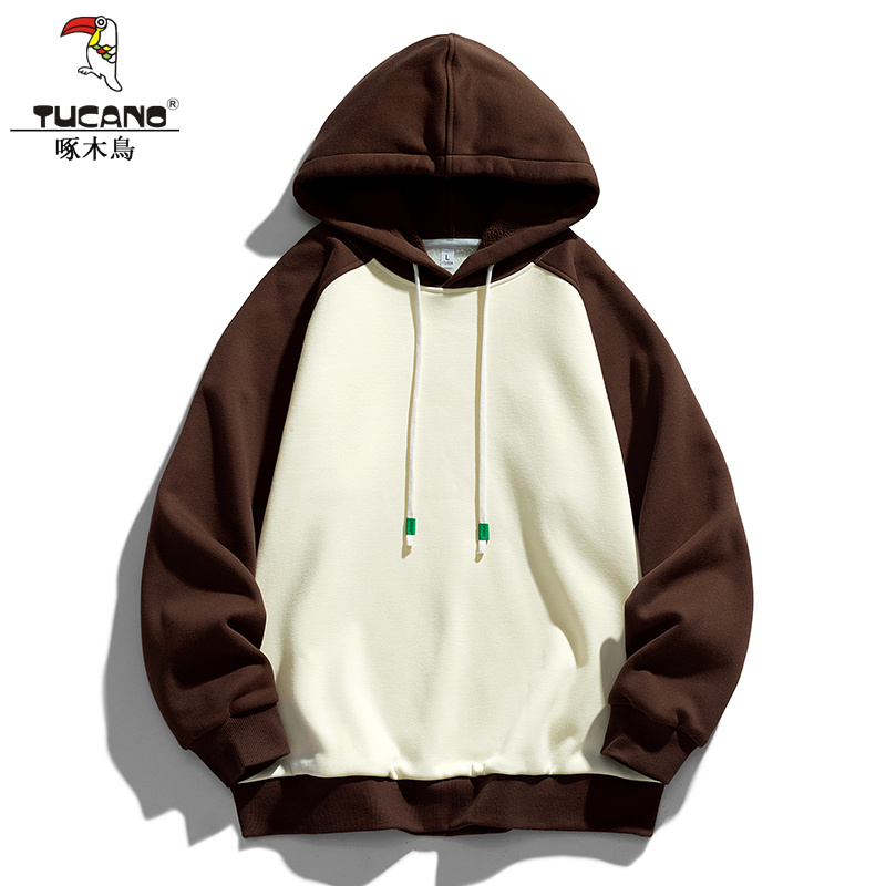 啄木鸟连帽抓绒保暖拼色卫衣2023秋冬加绒摇粒绒套头衫奥粒绒外套