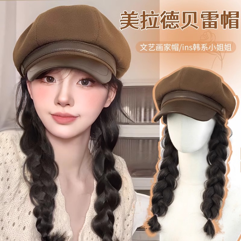 帽子假发女八角帽水波纹可拆卸氛围感美拉德风仿真发假发女全头套