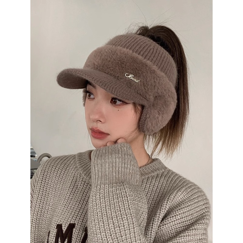ins针织帽子女冬天骑行护耳鸭舌帽时尚百搭加绒保暖空顶帽毛线帽D