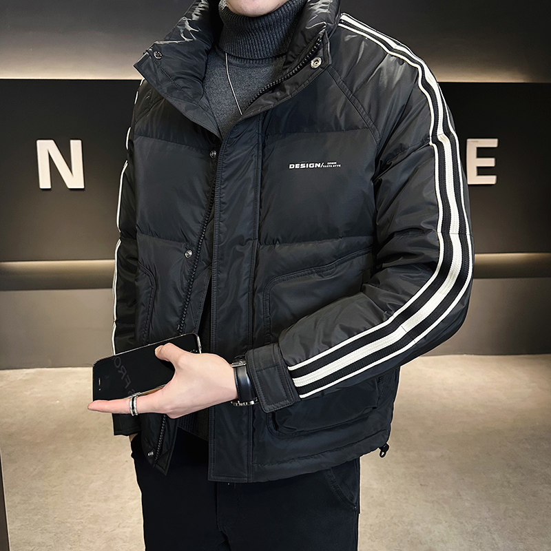 潮牌条纹羽绒服男款冬季加厚高端帅气时尚休闲保暖短款立领外套男