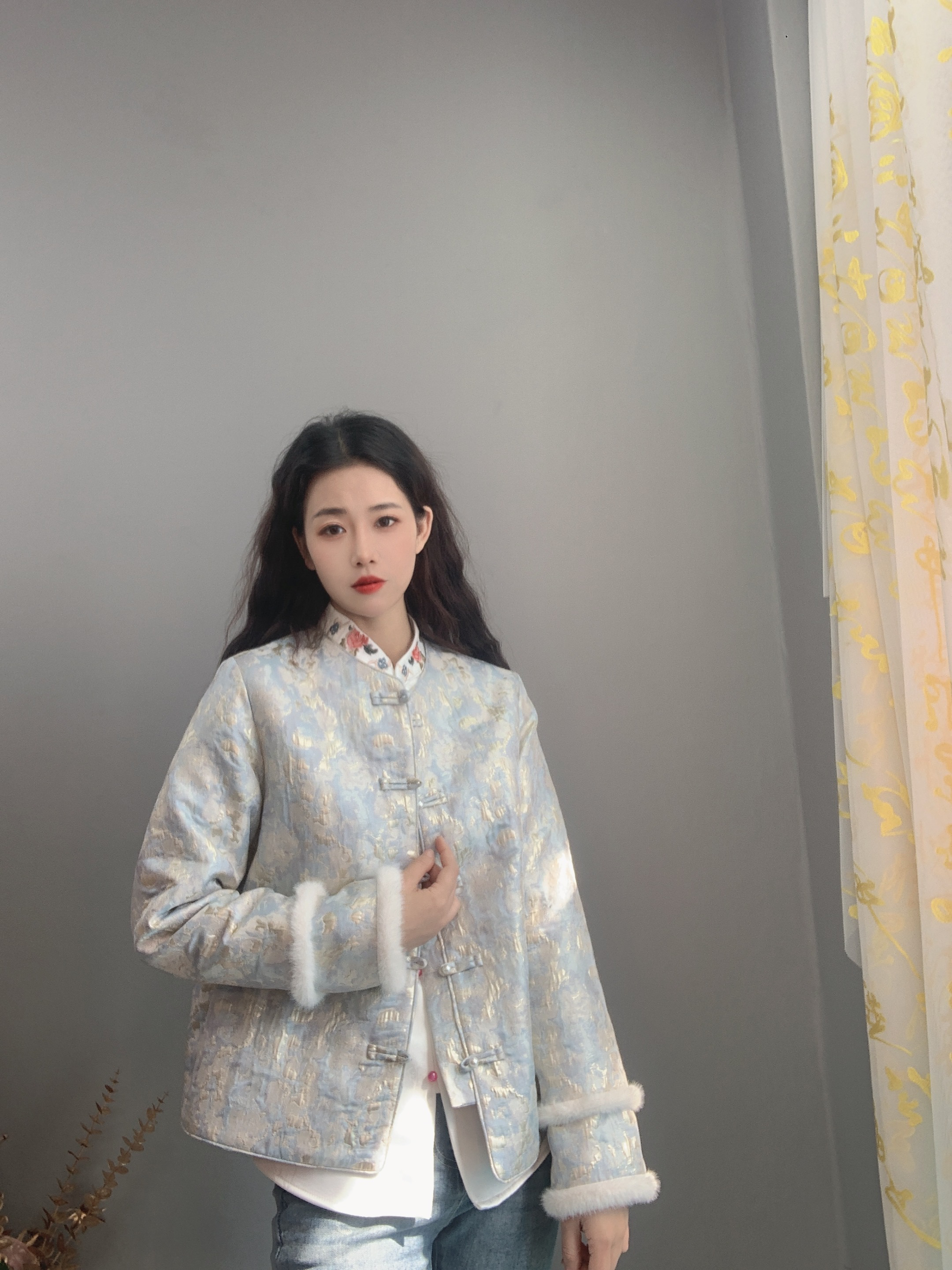 九月   洛神赋    新款新中式气质中式国风夹棉拼接毛毛外套