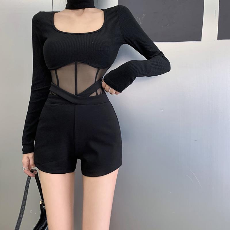 显瘦气质时尚鱼骨网纱t恤女春秋季chic甜黑色连体紧身衫上衣内搭