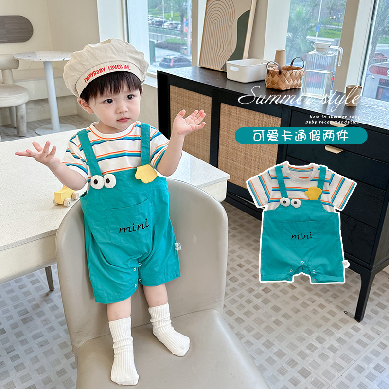 婴儿连体衣夏季卡通条纹假两件超萌男宝宝满月百天衣服卡通外出服