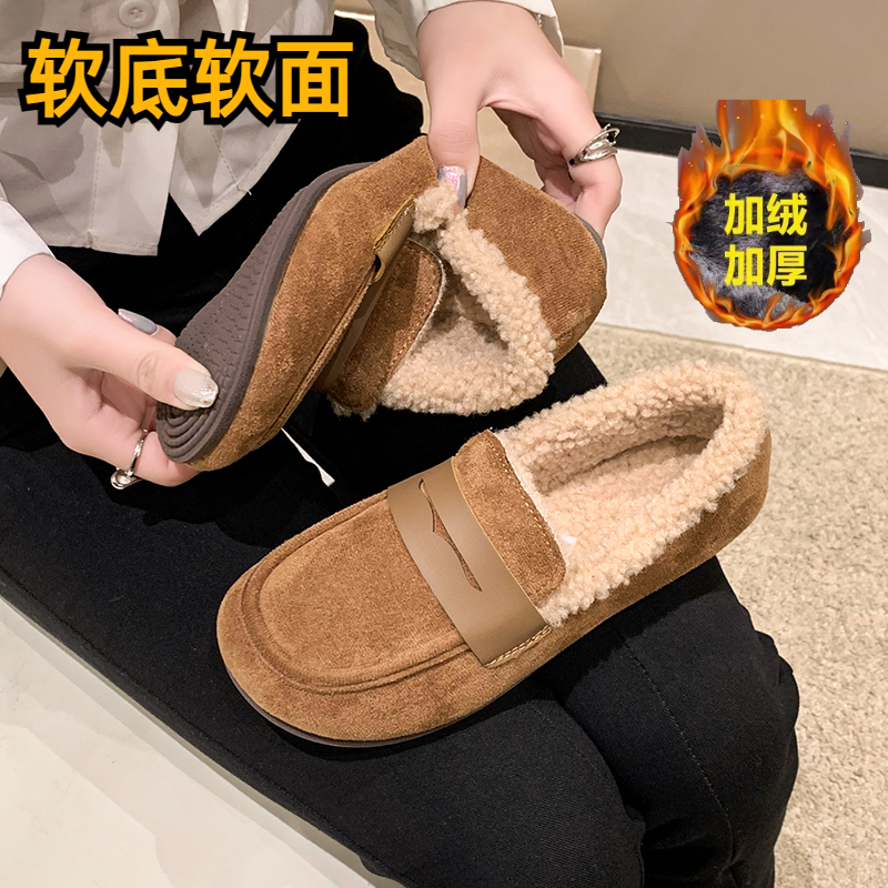 回力瑞乐福鞋女秋冬2023新款豆豆鞋休闲平底软底加绒加厚保暖棉鞋