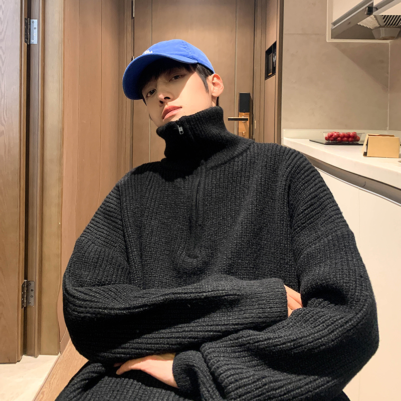 2023冬季新款男生休闲高领拉链复古针织衫小众百搭美式hiphop毛衣