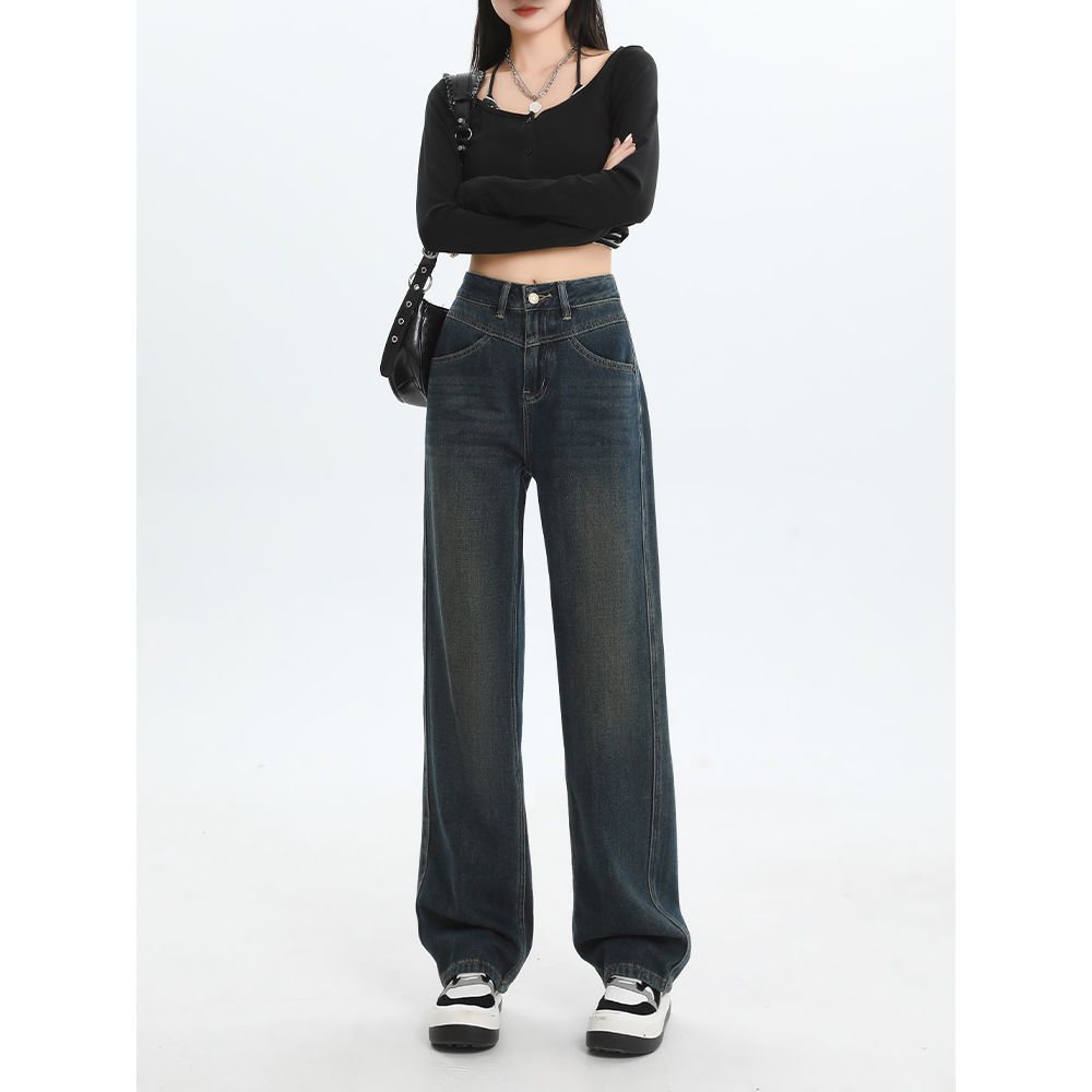 【月亮定制】设计感宽松显瘦牛仔阔腿裤秋季新款复古高腰拖地裤长裤