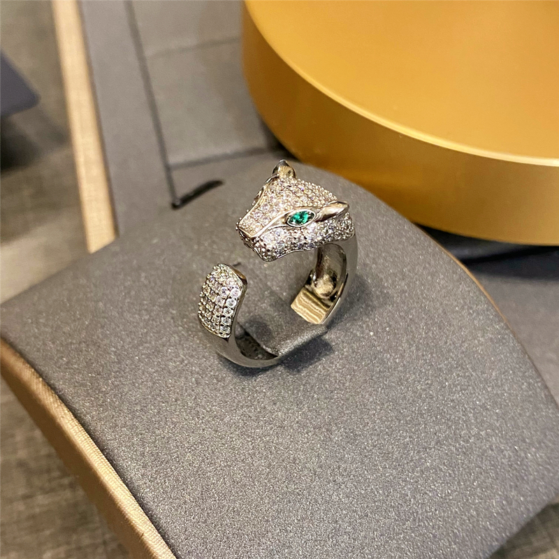 铜合金合成锆石戒指 猎豹豹头排钻时尚开口个性百搭男银金款蛇戒