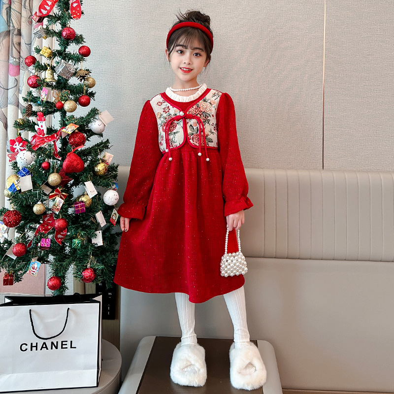 女童秋冬连衣裙2023新款大童红色加绒公主裙厚儿童民族风年服裙子
