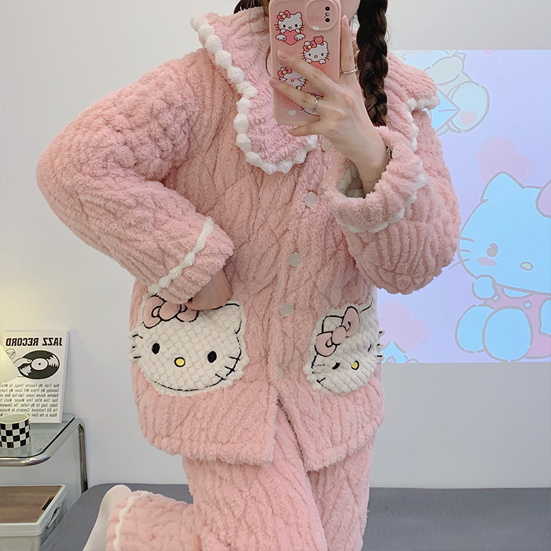 【夹棉1234】睡衣女冬季三层加厚提花长毛绒套装家居服秋冬加绒卡通