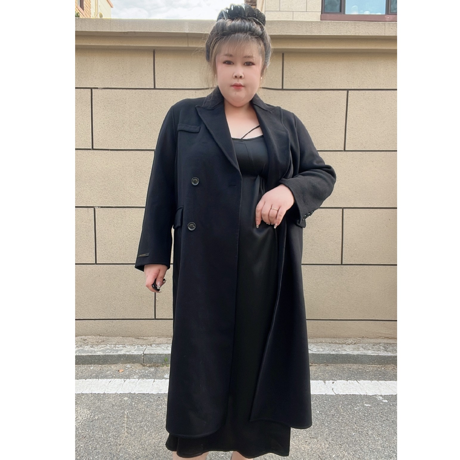 230斤大媛大码女装2023秋冬新款手缝双面羊绒大衣正肩毛呢外套