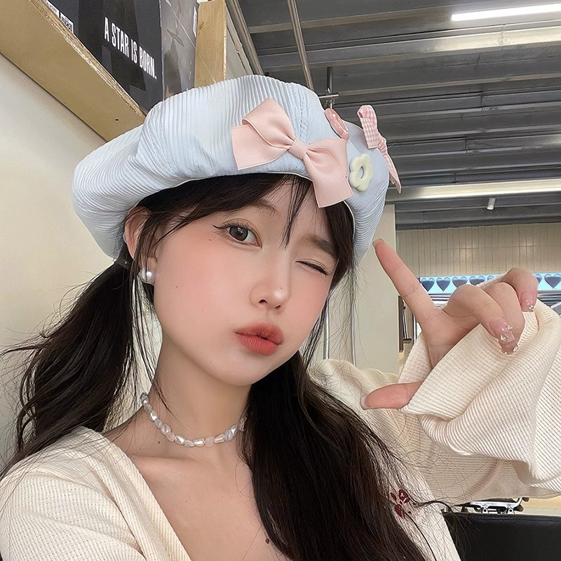甜美可爱云朵感贝雷帽多巴胺蝴蝶结大头围画家帽显脸小百搭蓓蕾帽