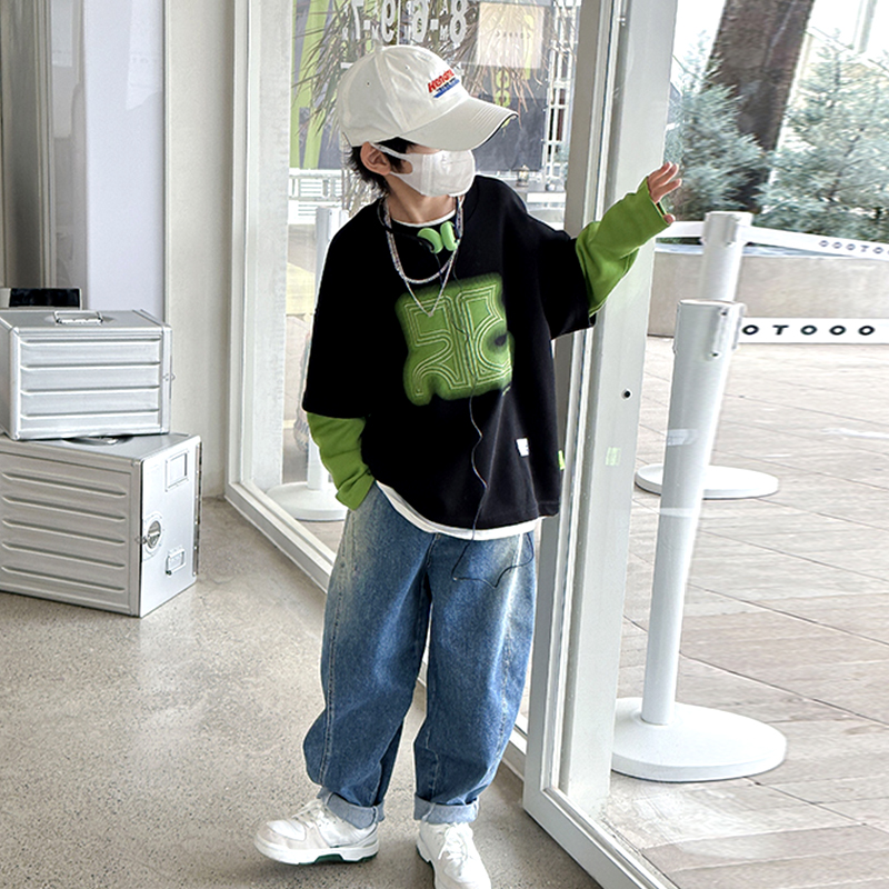 男童卫衣拼接假两件2023新款春秋款上衣服男孩中大童秋季炸街