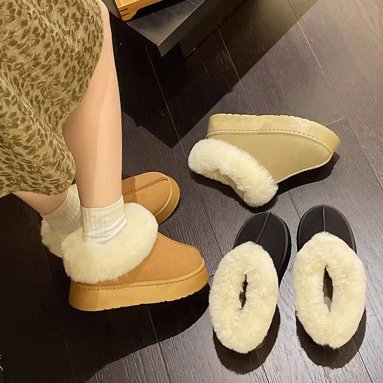 人造短毛绒及踝靴平底雪地靴靴子冬季PU圆头低跟时尚百搭外穿加绒