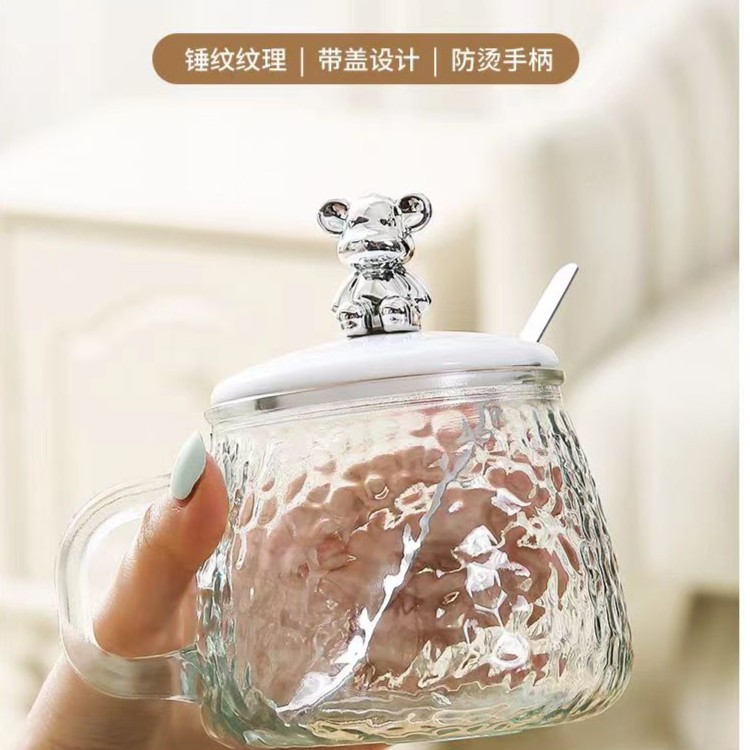 网红可爱小熊水杯咖啡饮料杯高颜值家用纹理带盖礼品玻璃杯ZC